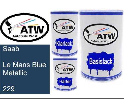 Saab, Le Mans Blue Metallic, 229: 500ml Lackdose + 500ml Klarlack + 250ml Härter - Set, von ATW Autoteile West.